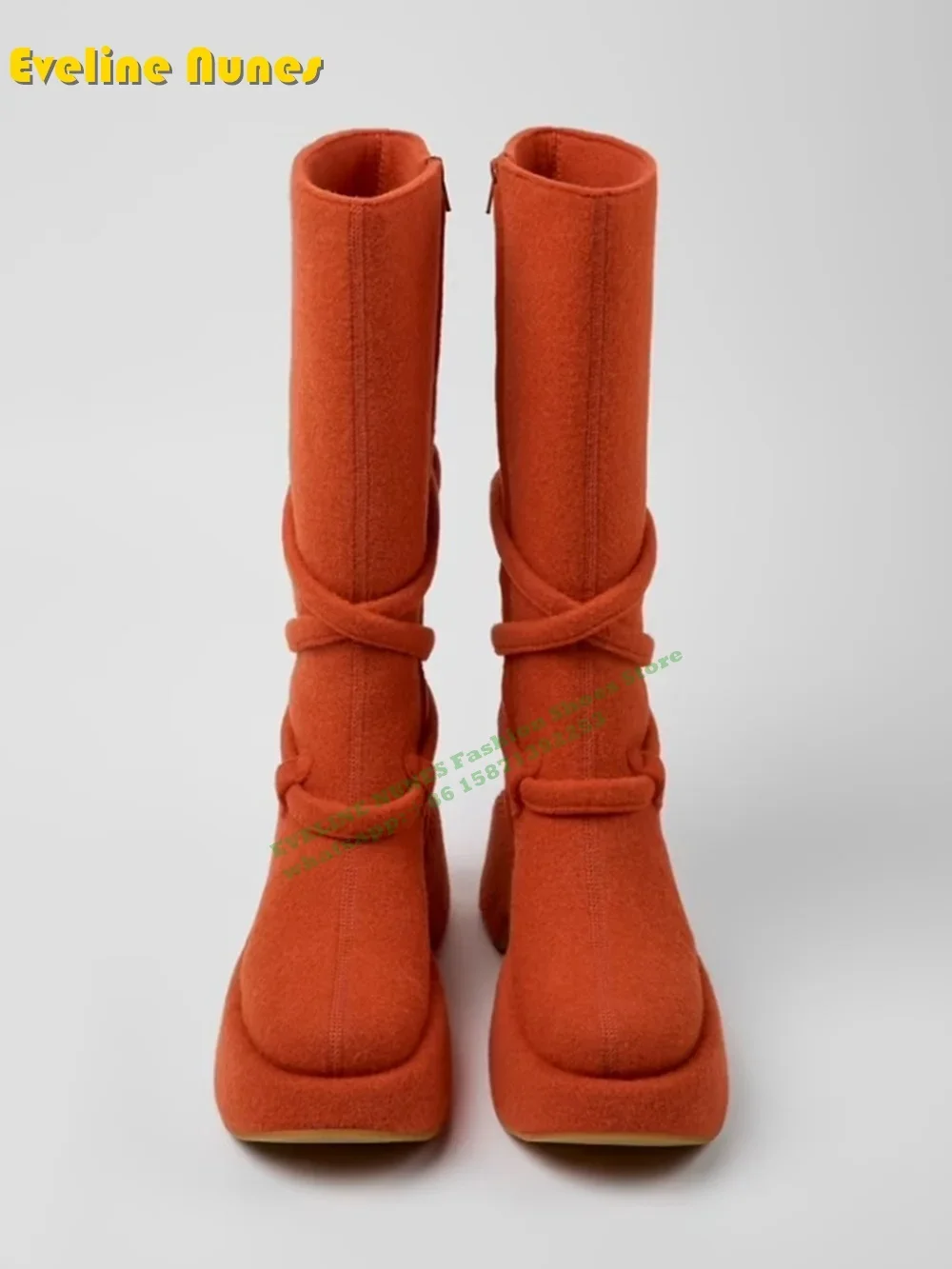 Orange Camper Edition Mid Calf Boots Street Style 2024 Round Toe Thick Sole Cross Tied Large Size Solid Fashion Knee High Boots