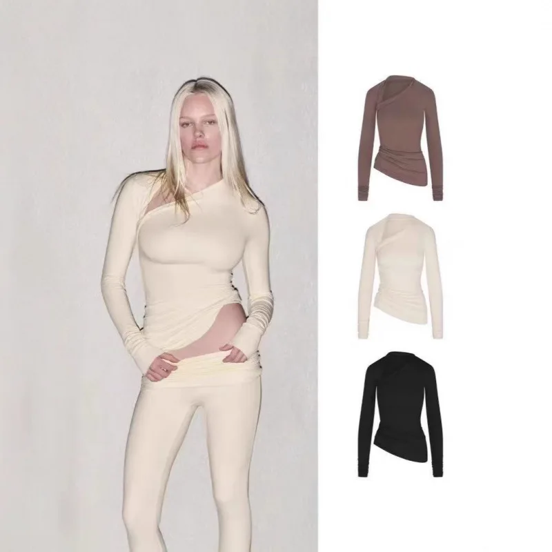 

Kardaian Cloud Asymmetric Long Sve Top Set Cute Sle Fitted Cotton Silk Long Sve T-irt ort Length Color