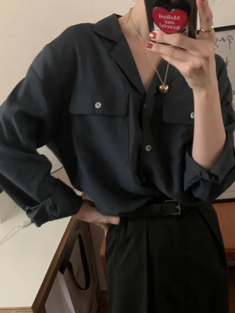 

Retro Chic Women's Casual Loose Fit irt Collar Design Double ket Simple Sle Versatile Top for Autumn Spring Winter