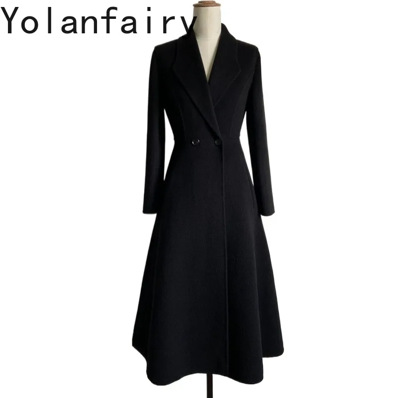 YOLANFAIRY Black Double-faced Cahsmere Coat Woman Elegant High Quality Wool Coats Flared Hem Slim Fit Long Woolen Jacket 코트 여성
