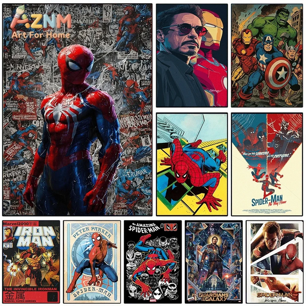 Spider‑Man Marvel Superhero Canvas Wall Art Iron Man Avengers Comic Book Background Vintage Poster Unframed Canvas Print