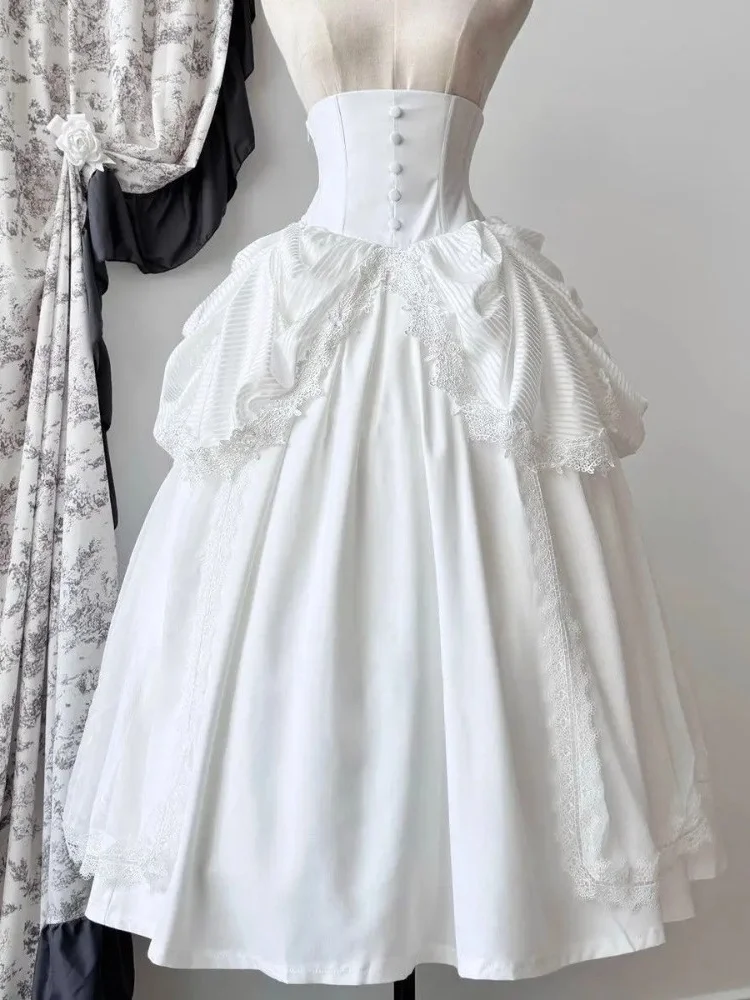 Zwart Wit Lolita Hoge Taille A-lijn Japanse Rokken voor Vrouwen Kawaii Zoete Ruche Kostuum Patchwork Kant Vintage Lange Rok