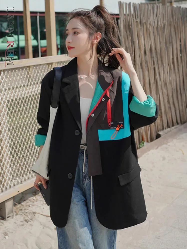 LANMREM Office Lady Patchwork Blazer Women Fashion Contrast Color Single Breasted Coat Korean Style 2025 Spring New 2VV366