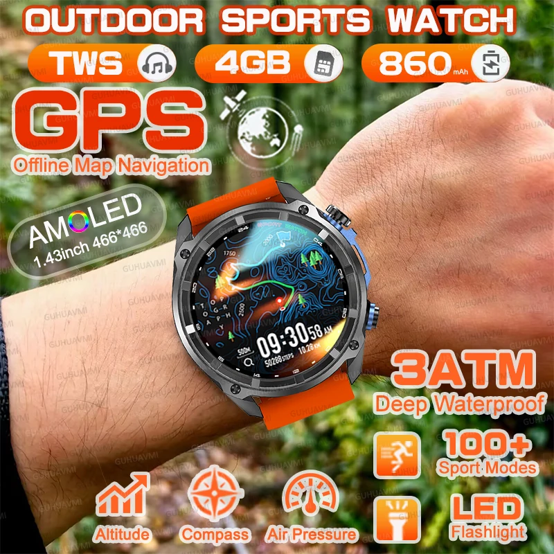 T-REX3 New 466*466 Screen Smart Watch Men Military Grade GPS Offline Maps 860mAh Compass Always Bluetooth Call 4GB Music Watch