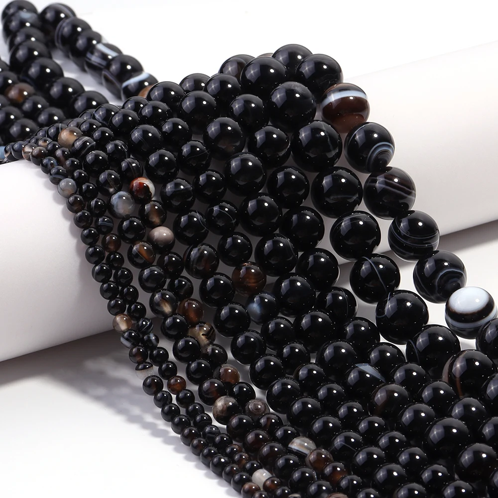 4 6 8 10 12mm Natürliche schwarze Streifen-Achat-Steinperlen, runde lose Perlen für die Schmuckherstellung, DIY-Halsketten, Armbänder, Zubehör