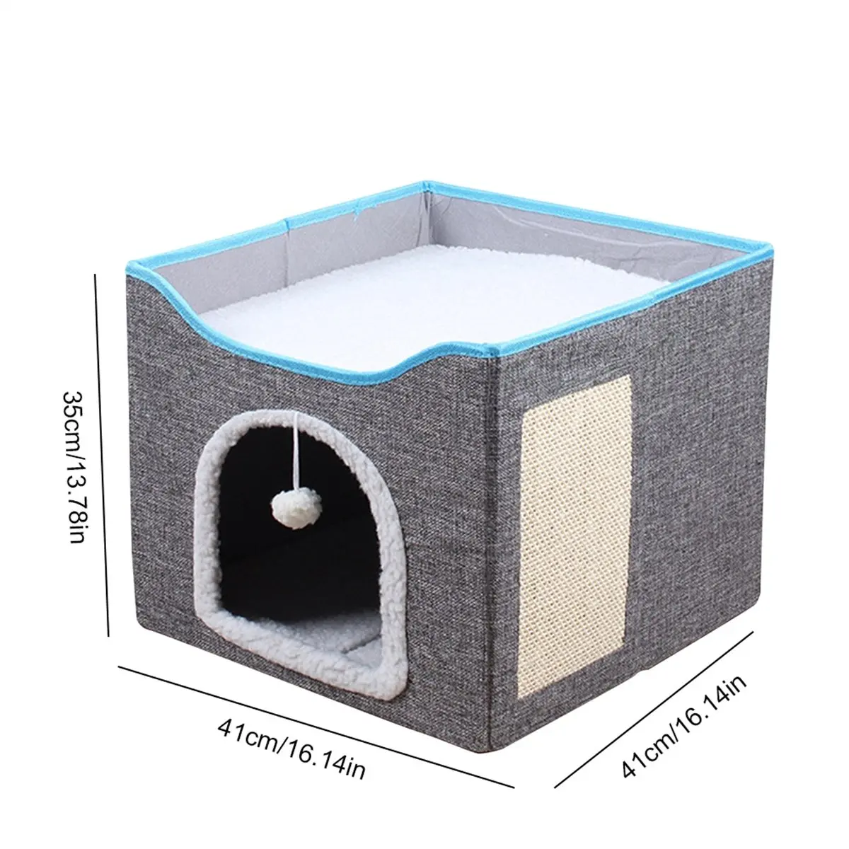 N14R Top Cat Bed Foldable Cat House with FluffyBall & Scratch Pad Cat Cube Cave Large Kitten Sleeping Comfortable Pet Supplies