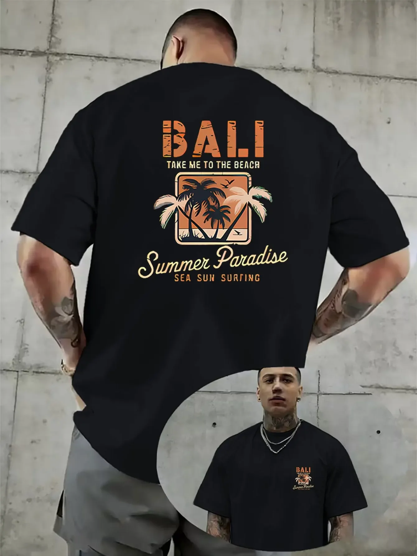 Bali Vacation Label Summer Fresh  Style Trendy Print a Creative Pattern Design Men'S Casual T-Shirt Front And Back Double-Sided