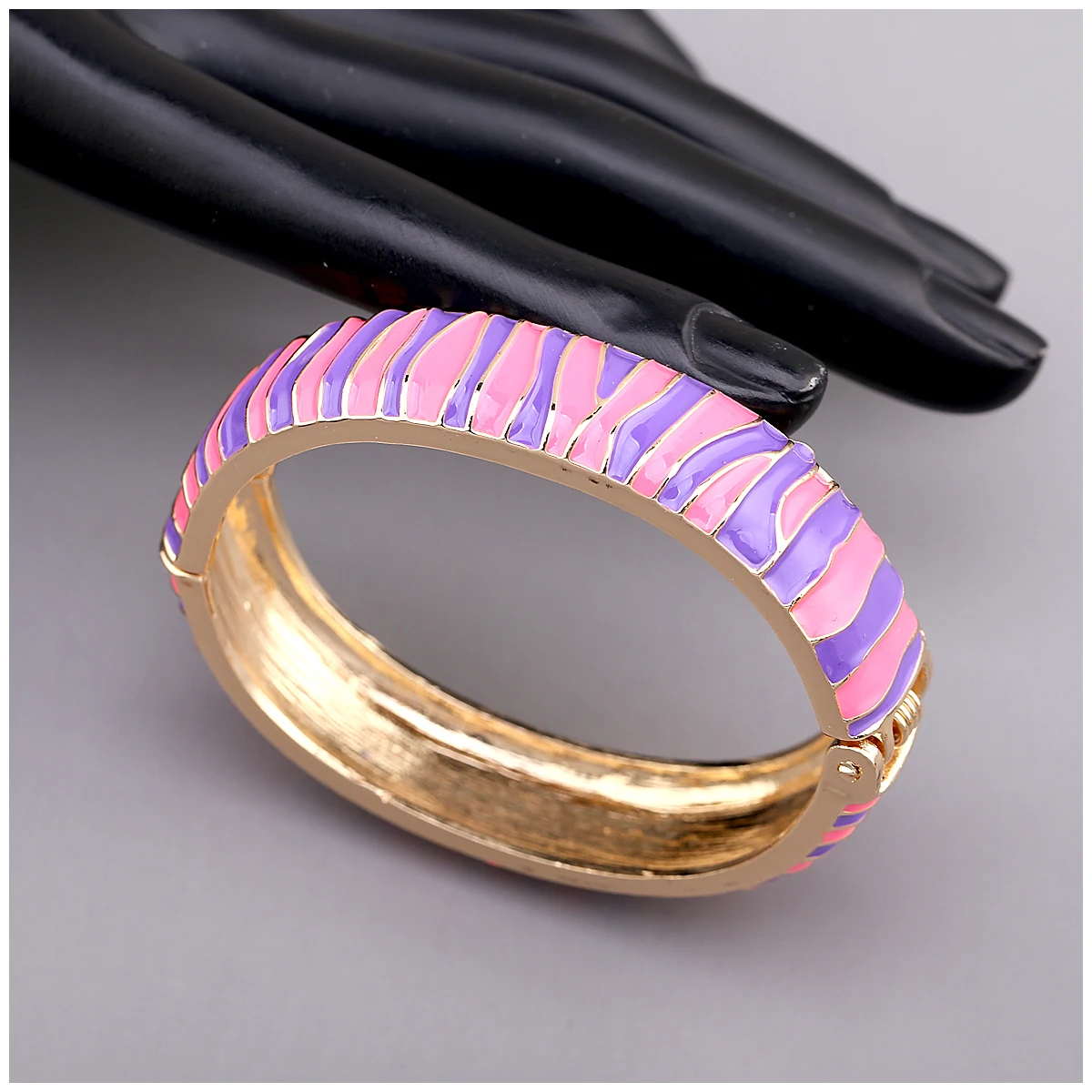Multi Color Enameled Stripes Statement Bangle Cuff Bracelet for Women, Gold Plating Hinge Spring Chunky Bangles Fashion Jewelry