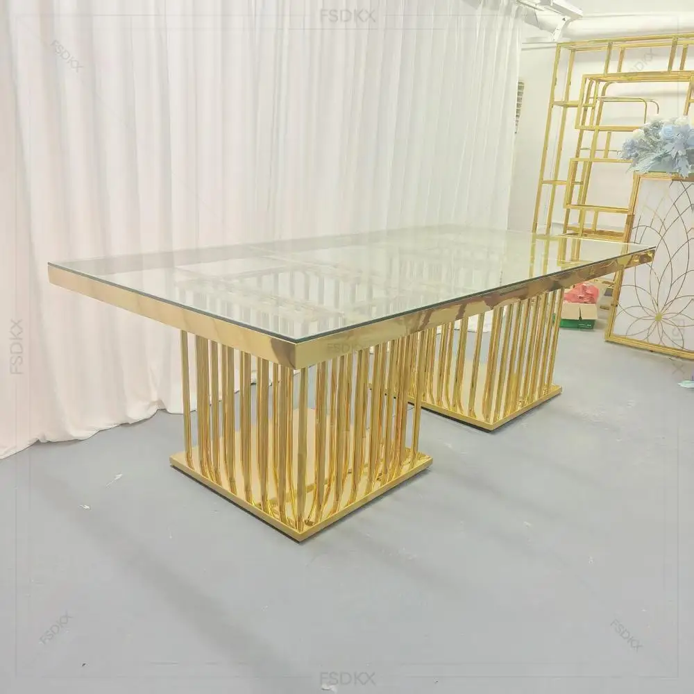 

Luxury Long Rectangle Gold Stainless Steel and White Glass Hotel Wedding Dining Table Event