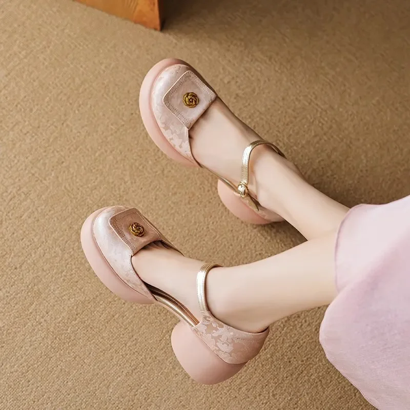 

New Women's 6.5CM 2026 soft leather fashion thick-soled camellia hollow sandals one-word buckle high-heeled Mary Jane shoes