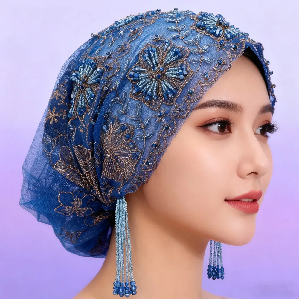 

Новый марлевый тюрбан с кисточками, шапочки, мусульманский головной убор, женский хиджаб с бисером, кружевная вышивка, хиджаб, капот, шапка, платок, Turbante Mujer