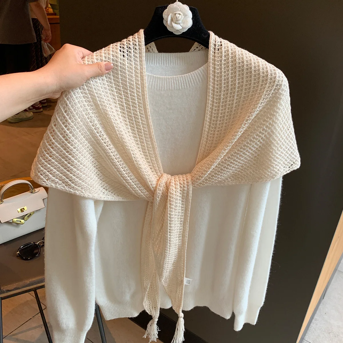 Ladies Hollow Triangular Shawl Openwork Knitted Fabric With Tassel Fringe Front Tied Neck Kerchief Casual Outerwear Accessory