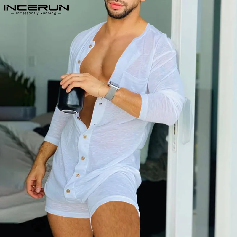 INCERUN Men Pajamas Rompers Solid Color O Neck Long Sleeve Button Jumpsuits Homewear Cozy Breathable Men Thin Playsuit Sleepwear