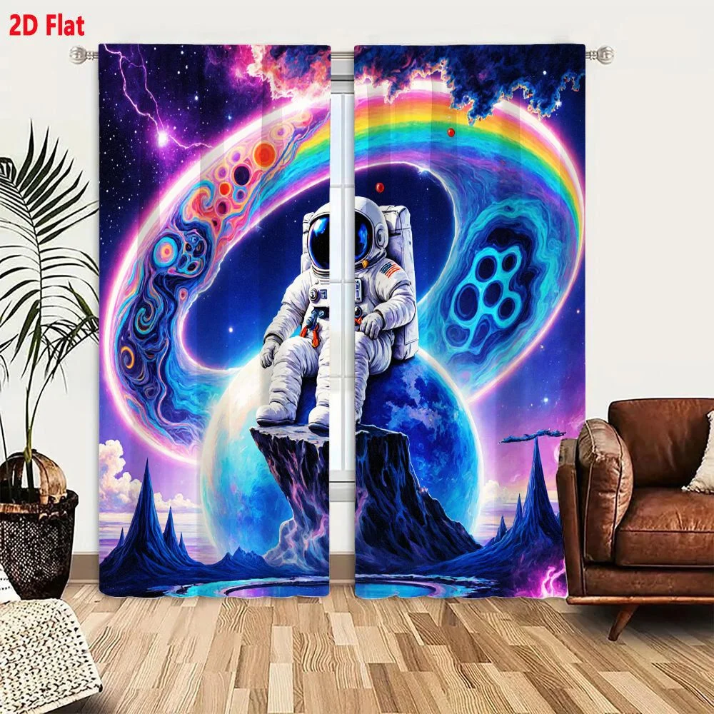 2Pcs Curtains 2D Flat Astronaut In White Spacesuit With American Flag On Rocky Outcrop Over Cosmic Landscape With Rainbow Ring A