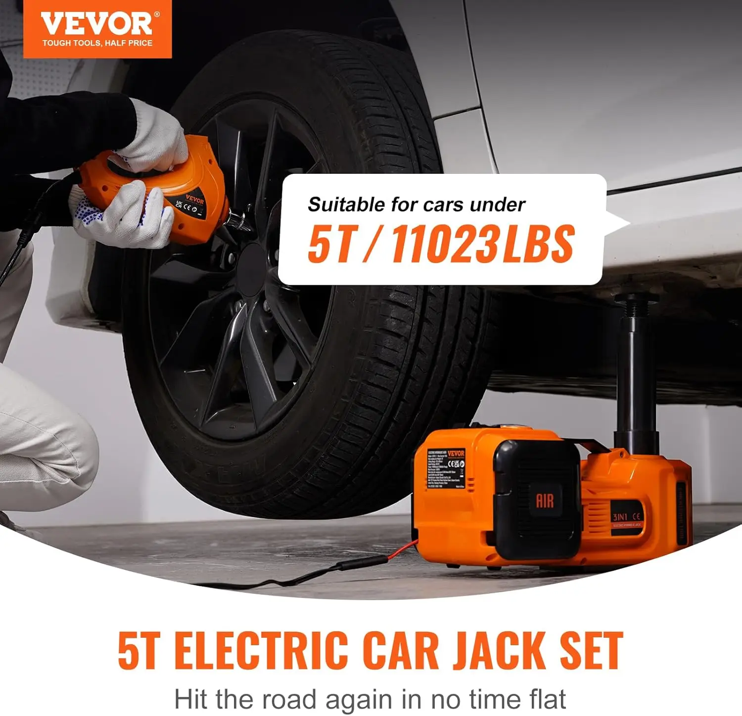 Electric Car Jack, 5 Ton/11023 LBS Hydraulic Jack Lift with Electric Impact Wrench, Built-in Inflatable Pump, and LED Light for