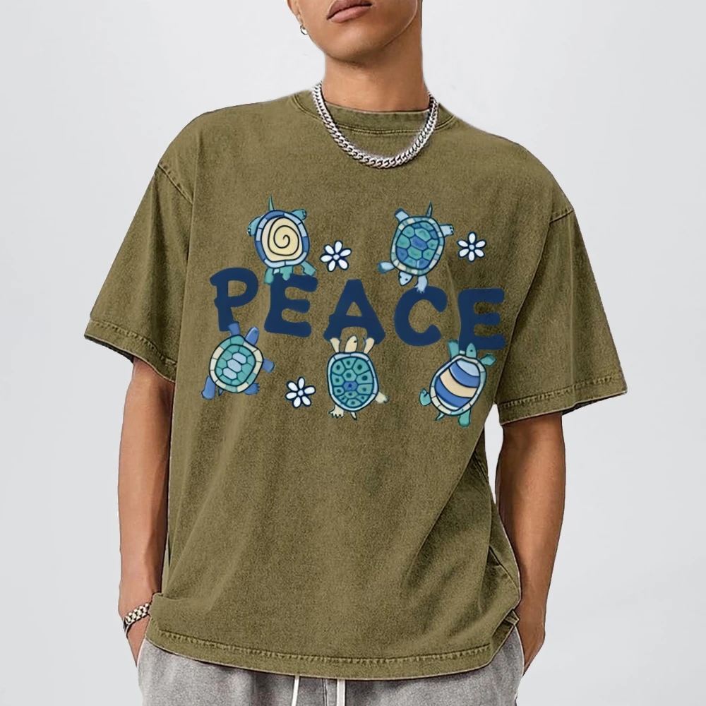 Peace Sea Turtles Shirt Women Cotton Graphic Shirts Vintage Washed T-Shirt Retro y2k Clothes Trendy Women Clothing Tops