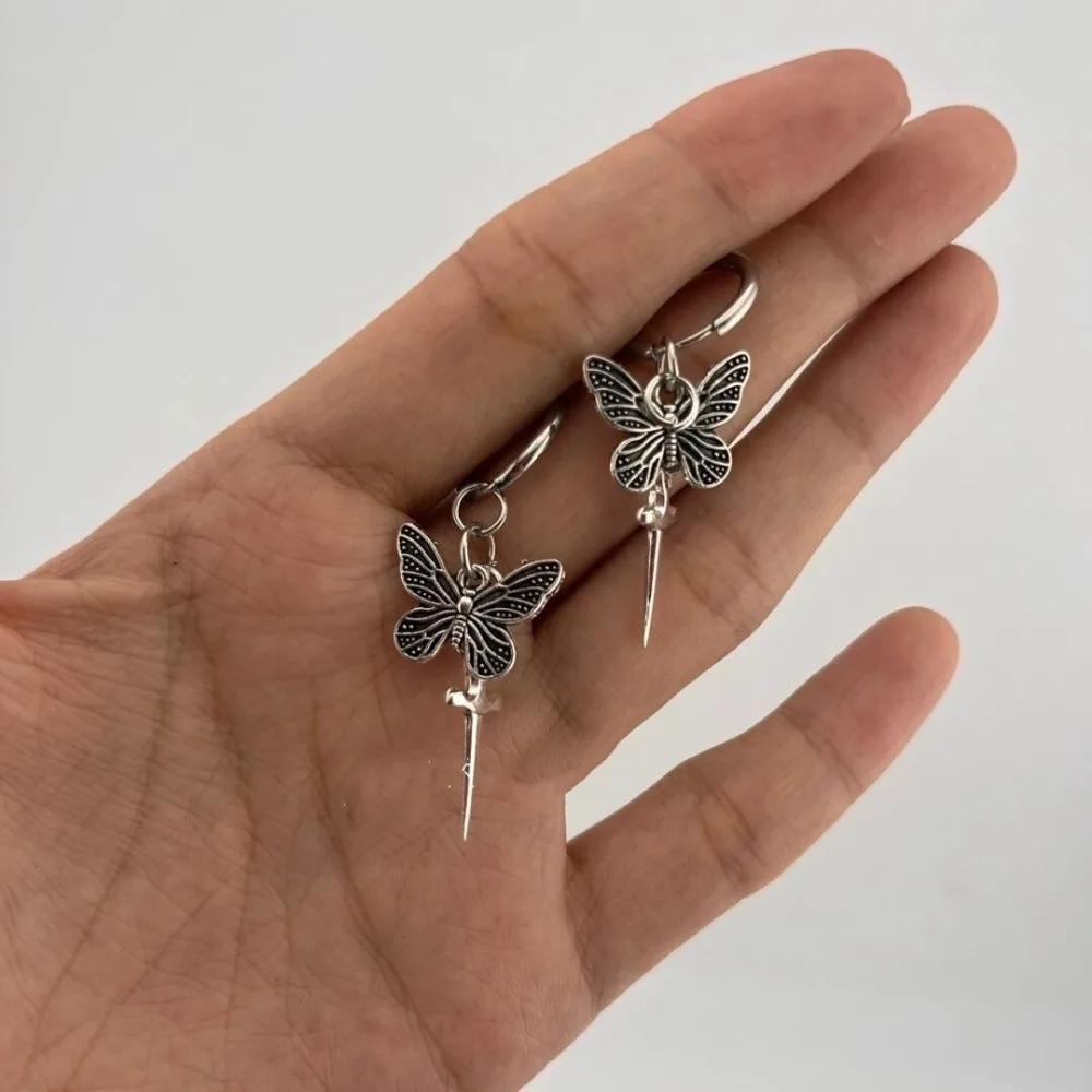 Gothic Temperament Ancient Silver Butterfly  Short Sword Pendant Hoop Earrings for Women Retro Halloween Party Jewelry Accessory