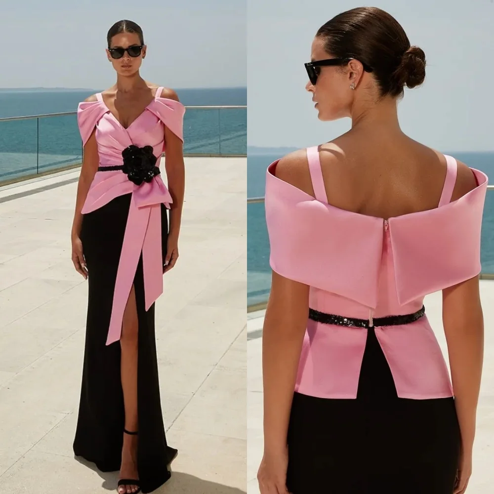 Customized Jersey Bow Handmade Flower Sheath V-neck Bespoke Occasion Gown Long Dresses