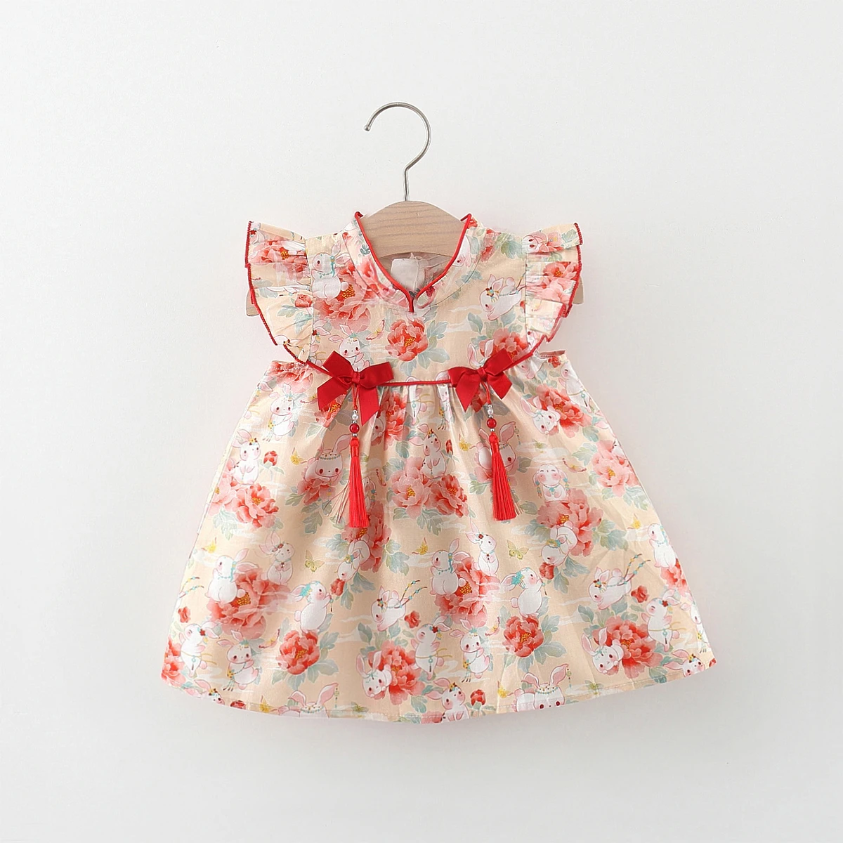 Chinese Style Baby Girl Summer Dress Sweet and Cute Little Rabbit Flying Sleeves Strange Robe Princess Dress Suitable for 0-3 Y