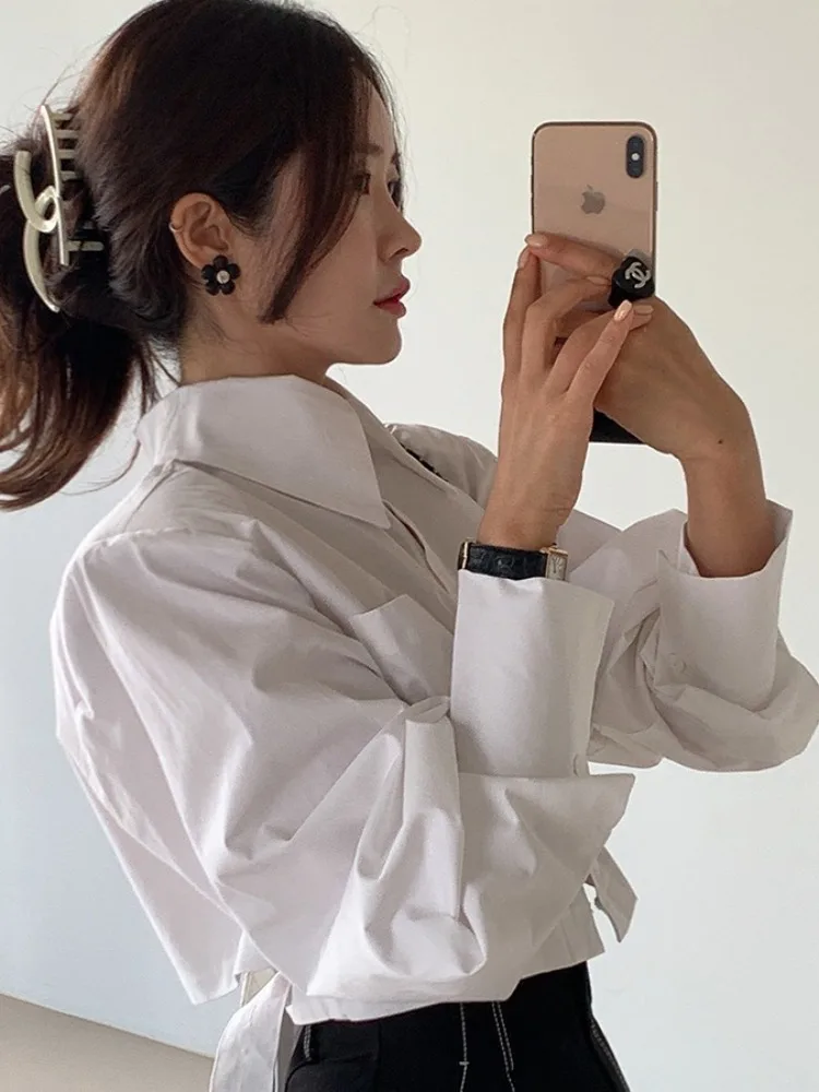 

Женская модная корейская блузка Slim Fit с вырезами и поясом, для весны, осени, зимы, повседневная, для школы и улицы