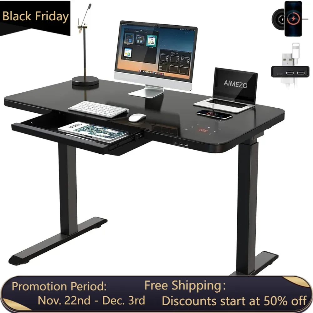 Glass Top Standing Desk with Wireless Charging with Drawer Dual Motor Electric Adjustable Height Desk with USB Type-C/A Port