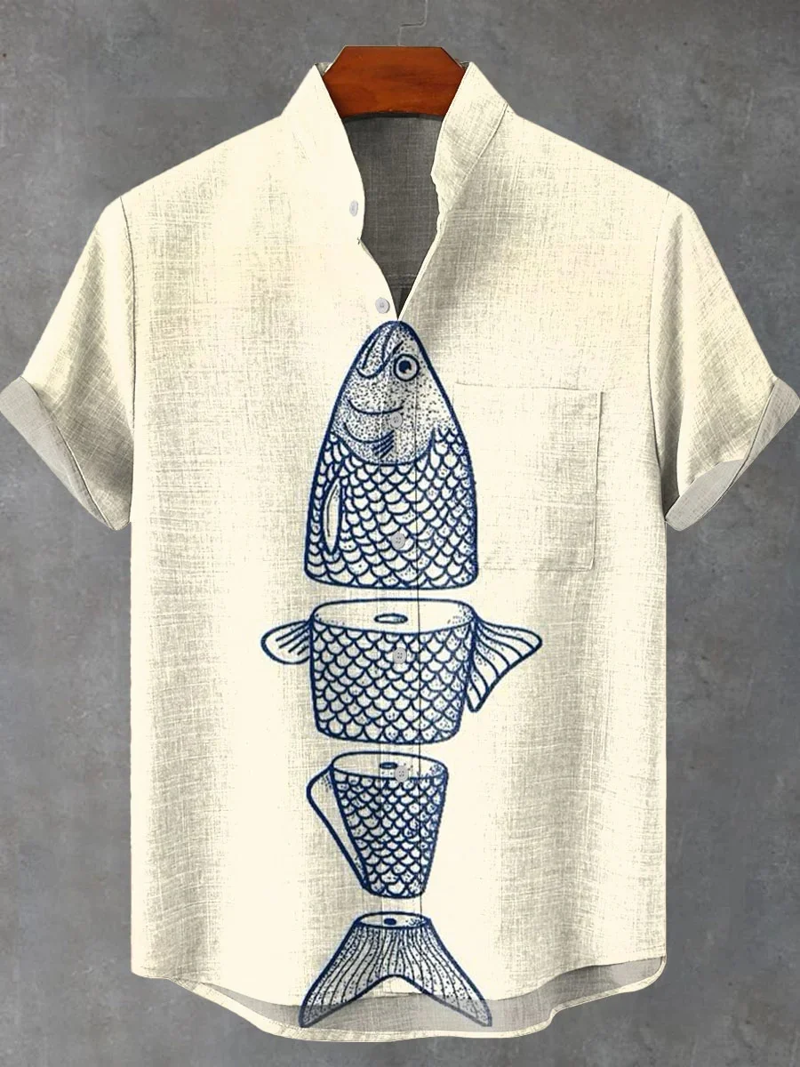 New summer men's retro 3D art printed casual and fashionable 100% linen men's short-sleeved stand-up collar shirt - Image 5