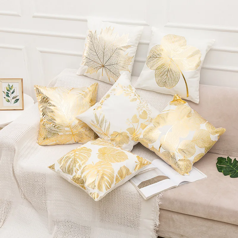 Cozy Golden Leaf Bronzing Printed Throw Pillow Covers for Living Room, Bed, and Sofa -18x18 Inch Square Pillow Cases - Home Deco