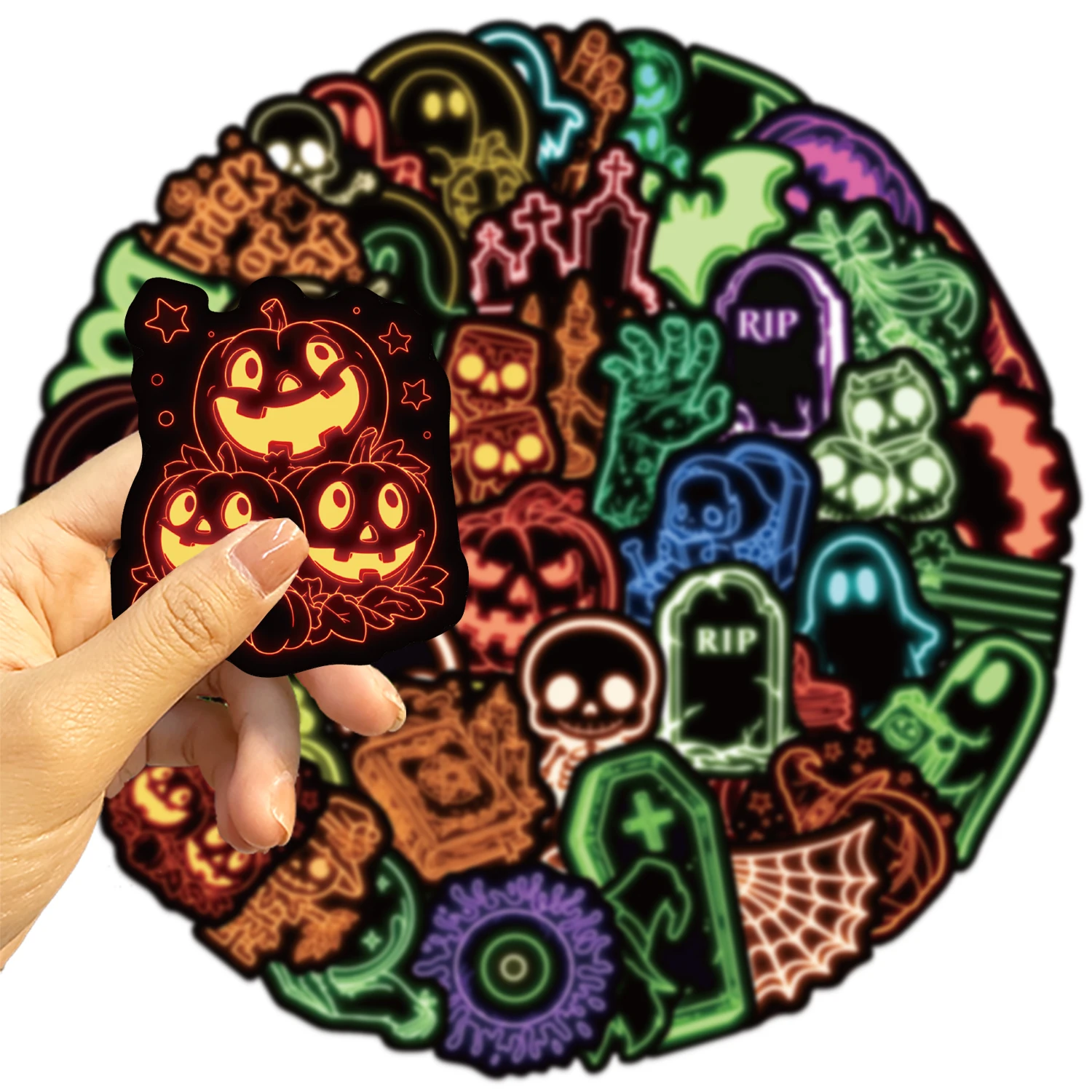 50PCS Neon Halloween Stickers Cartoon Graffiti Designs Decorate Laptops, Phones, Luggage, and Water Bottles Waterproof Stickers
