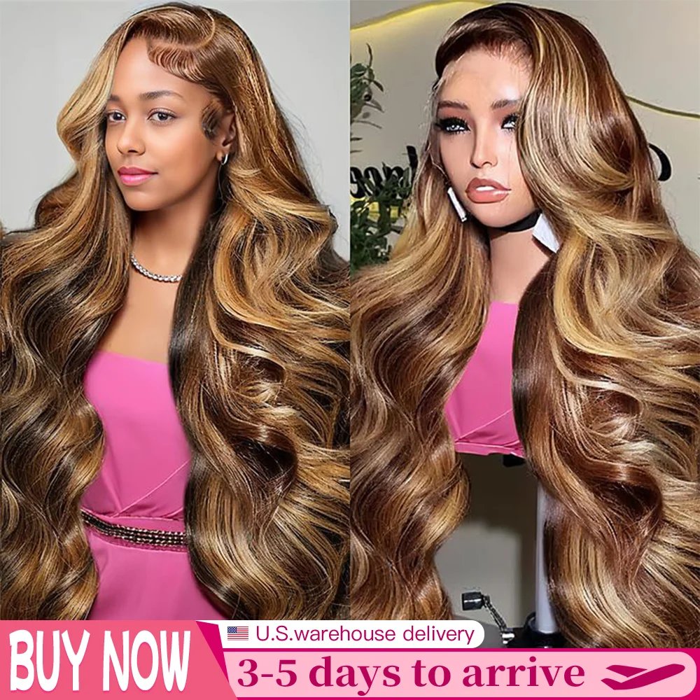 30 Inch Highlight Body Wave Lace Front Wigs Human Hair Honey Blond Ombre Wigs 220 Density Body Wave Wig Pre Plucked 13x6 Hd Lace Front Wigs Human Hair P4/27 Colored for Women
