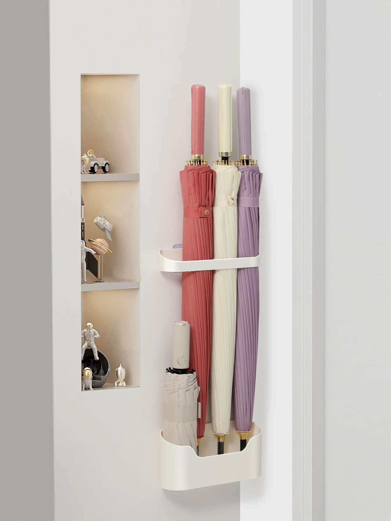 Punch-Free Wall Mount Umbrella Rack With Drain Tray, Entryway Storage Organizer For Long Short Umbrellas