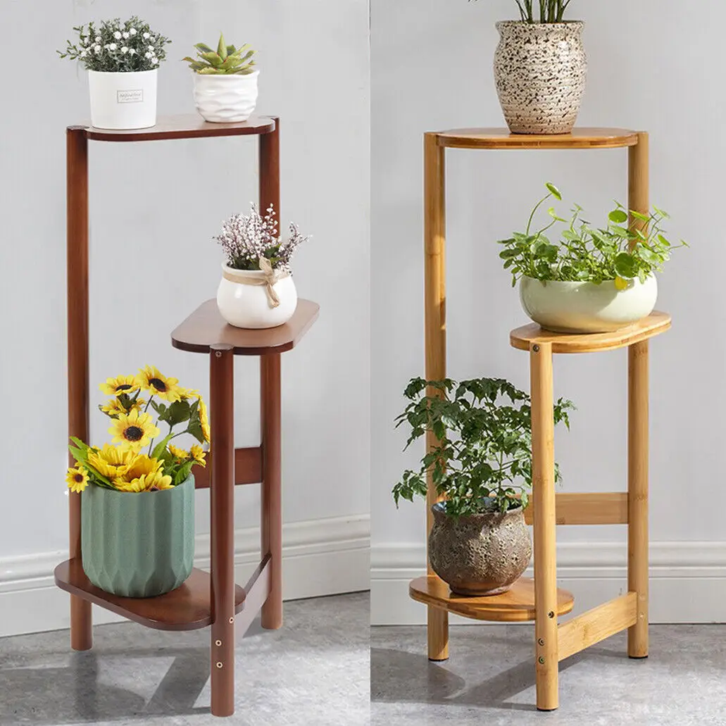 &3 Tier Bamboo Corner Plant Stand Flower Pot Shelf Indoor High Low Display Holder
