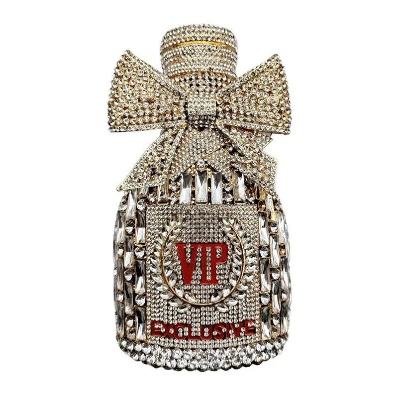 Women Gorgeous Unique Bling Diamond Metal Clutch Purses Wedding Party Champagne Bottle Shaped Bow Crystal Evening Bags