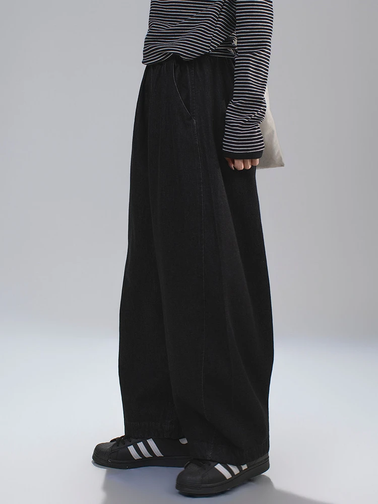 Artisanal Series Vintage Black Loose Wide Leg Denim Jeans Women's Pear Body Shape Pants High Waist Cotton Comfortable Fit