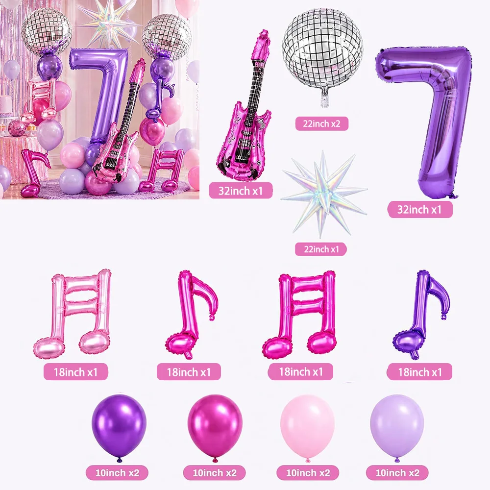Kpop Geburtstagsdekorations-Ballon-Set, Discokugel, Gitarren- und Musiknoten-Ballons, Ornamente, Lila Geburtstagsparty-Zubehör, Partyartikel – Detail 11