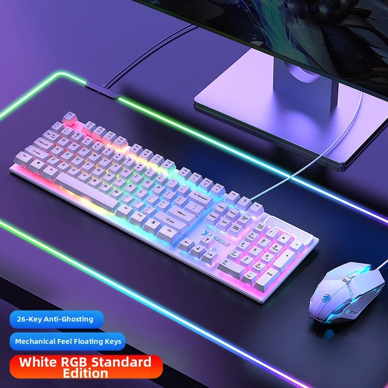 Wired Gaming Mechanical Keyboard Mouse Set Ergonomic ABS Keycaps Durable Non-Fading RGB Backlit 104 Keys White Color Rainbow