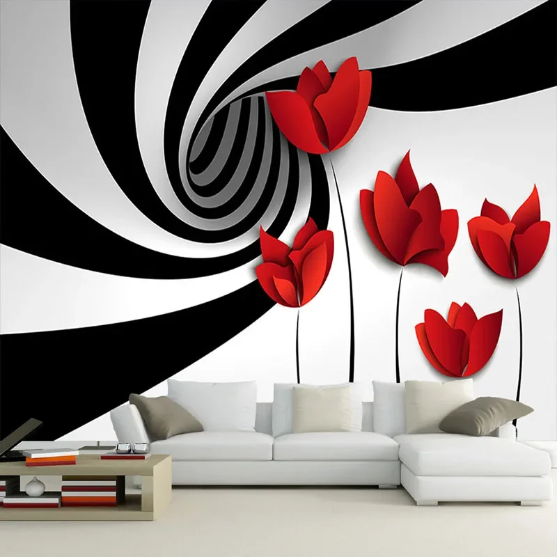 Custom Mural Wall Paper Black And White Striped Flowers Modern 3D Abstract Geometry Space Wall Painting Living Room Wallpaper