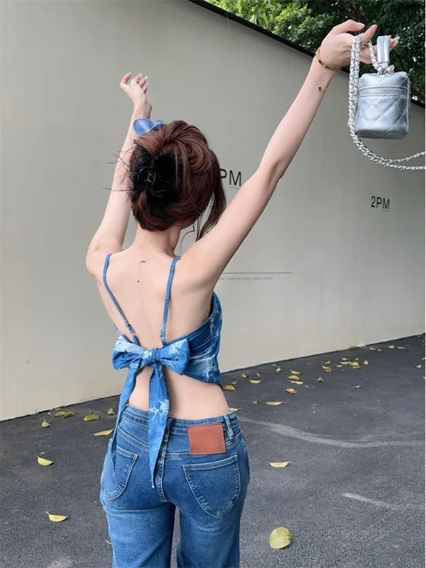 Top Assimétrico Estilo Retrô com Estampa Tie Dye, Design de Verão, Sexy, Material de Algodão e Linho, Respirável, Comprimento Orto