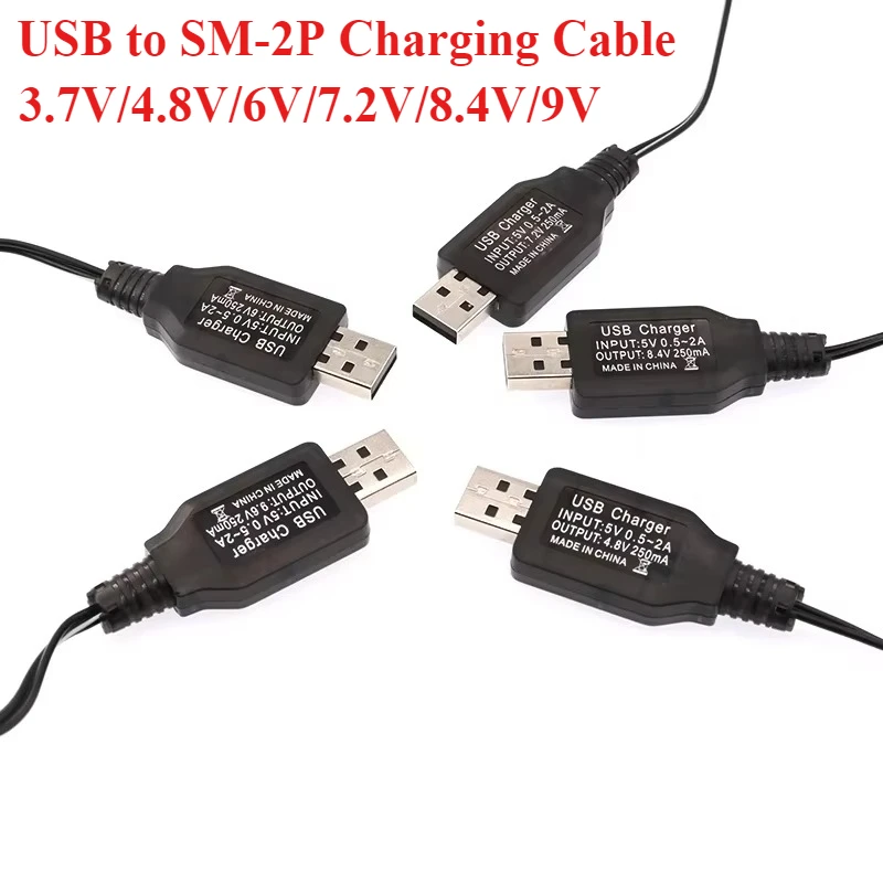 USB Charging Cable with SM-2P Plug Connector for RC Cars, Trucks,RC Ships,Drones,Air Gun,3.7V/4.8V/6V/7.2V/8.4V/9V Charger Cable