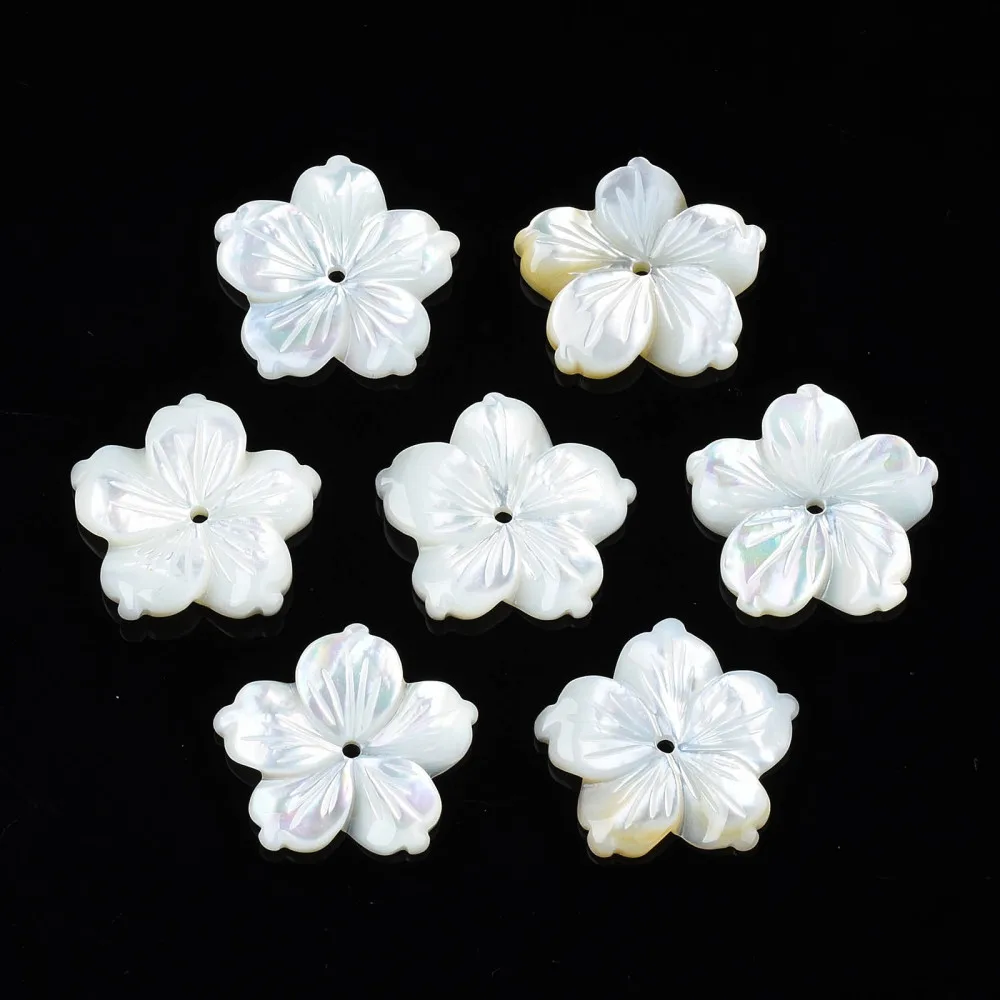 

10Pcs Natural White Shell Beads, Flower, 14.5x14.5x1.5~2.5mm, Hole: 1mm