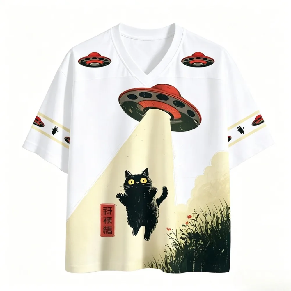 Sommerliches amerikanisches Retro Sci-Fi UFO Katzen 3D-Druck Atmungsaktives Schnelltrocknendes V-Ausschnitt T-Shirt für Herren und Damen – Sportlich-lässige Eltern-Kind-Kleidung – Detail 4