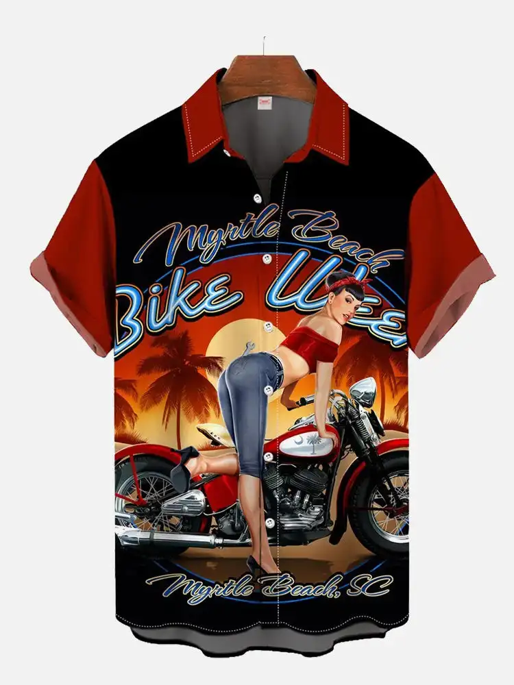 1970S-1980S Vintage Pin Up Girl Poster Hawaiian Beach Cowgirl Printed Short Sleeve Shirt Fashion Retro Car Shirt For Men Hrajuku