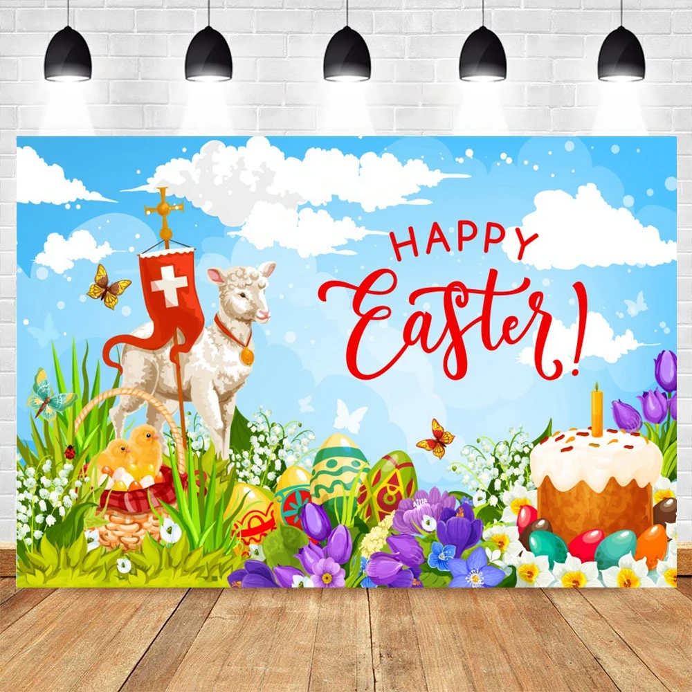 Spring Easter Photography Backdrop He Is Risen Jesus Cross Religious Flowers Rabbits Grass Baby Shower Background Photo Studio