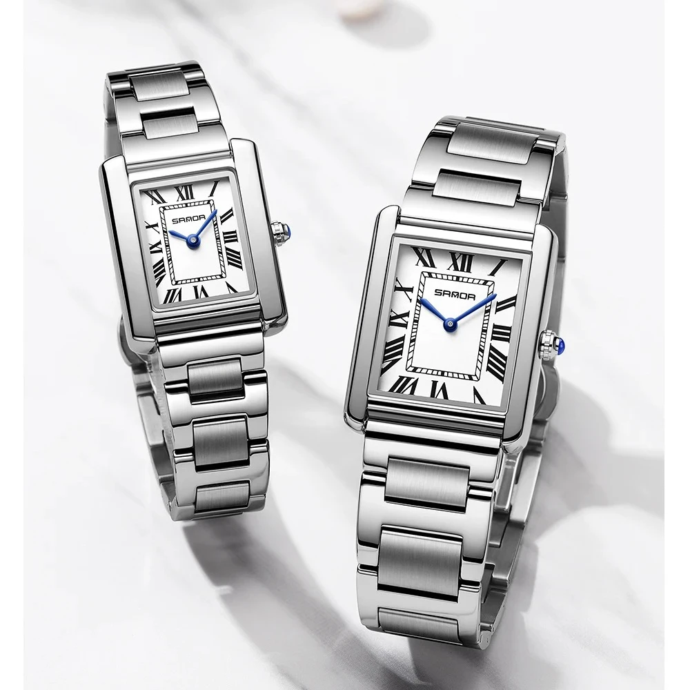 SANDA 1108/9031 Quartz Watch Roman Numeral Stainless Steel Leather Watch Band Brief Lovers Waterproof Watch Women's Watches
