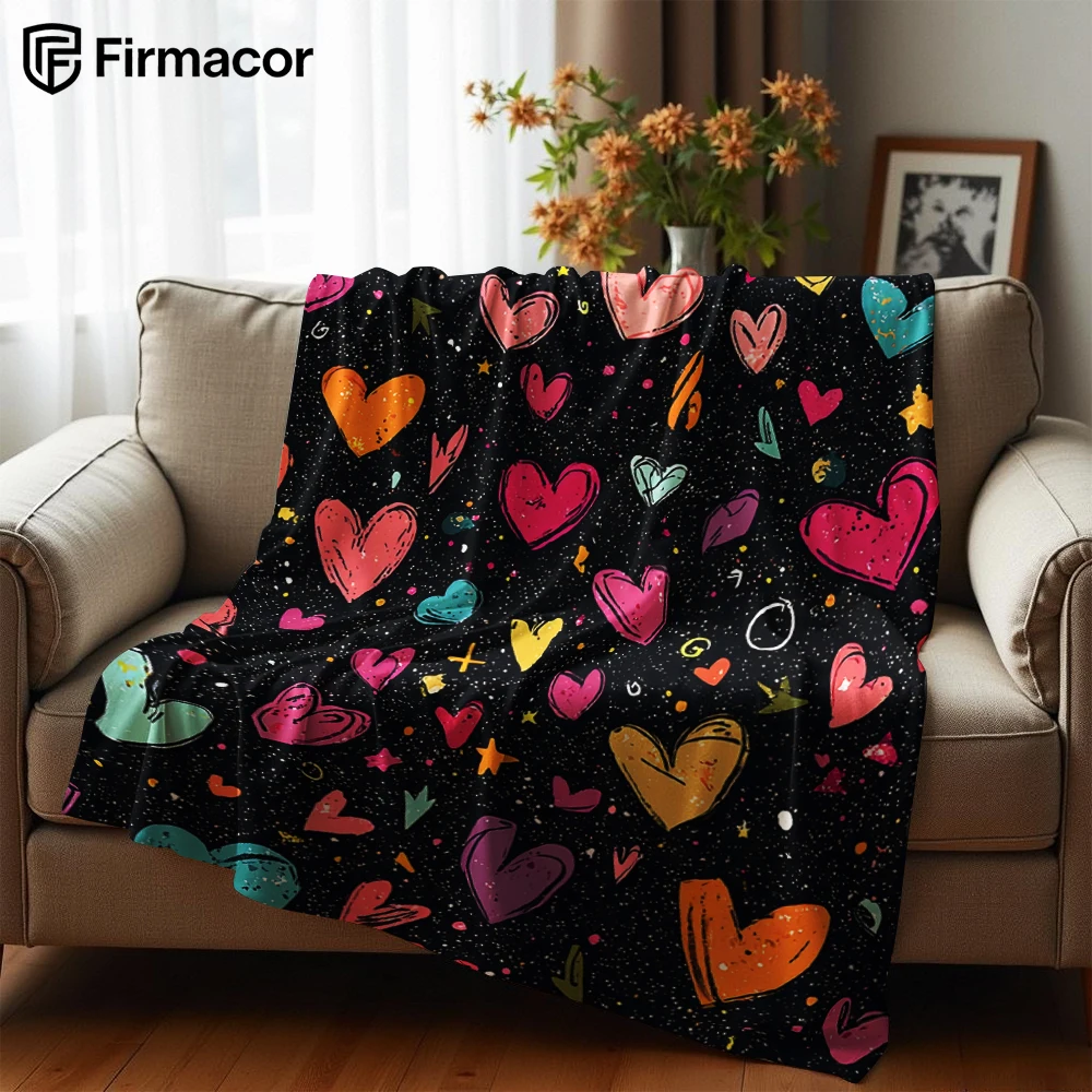 Colorful Doodle Hearts Cartoon Anime Print Flannel Blanket Soft Warm Throw for Kids Bedroom Sofa Christmas Office Car