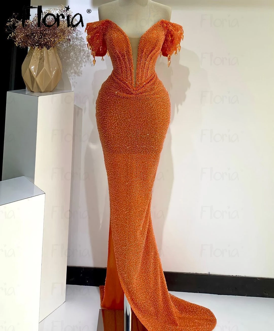 

Aso Ebi Orange Beaded Party Dress Dubai Off Shoulder Mermaid Wedding Prom Gowns Arabic Luxury Celebrity Dresses Birthday Wear