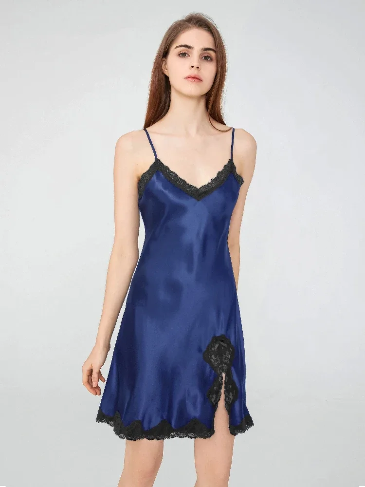 

Lace Trim 100% Mulberry Silk Split Short Nightdress V Neck Nightwear Chemise Summer Slip Dresses Lady Nightgowns Pajamas Nightie
