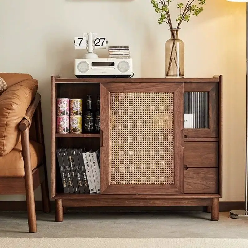 

Nordic simple solid wood rattan dining side locker, living room tea cabinet, log porch cabinet