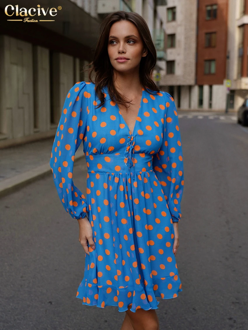 

Clacive Fashion Loose Print Women's Dress 2025 Sexy V-Neck Long Sleeve Mini Dresses Lady Elegant Classic Lace-Up Female Dress