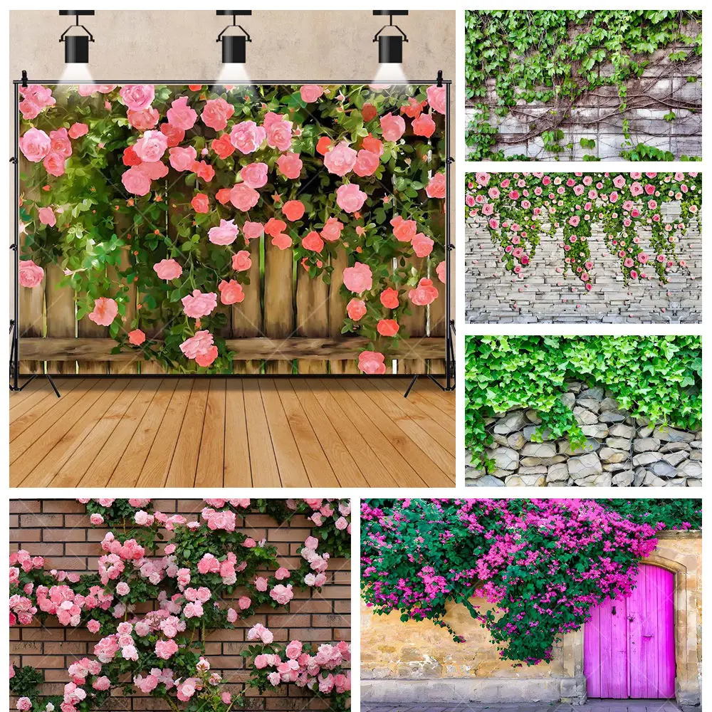 

Spring Green Leaves Stone Wall Gardening Plants Flowers Wedding Decor Adult Kids Birthday Backdrop Custom Photography Background