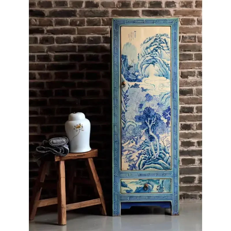 AA Hand painted new Chinese blue and white corner cabinet antique solid wood old multi-functional side cabinet